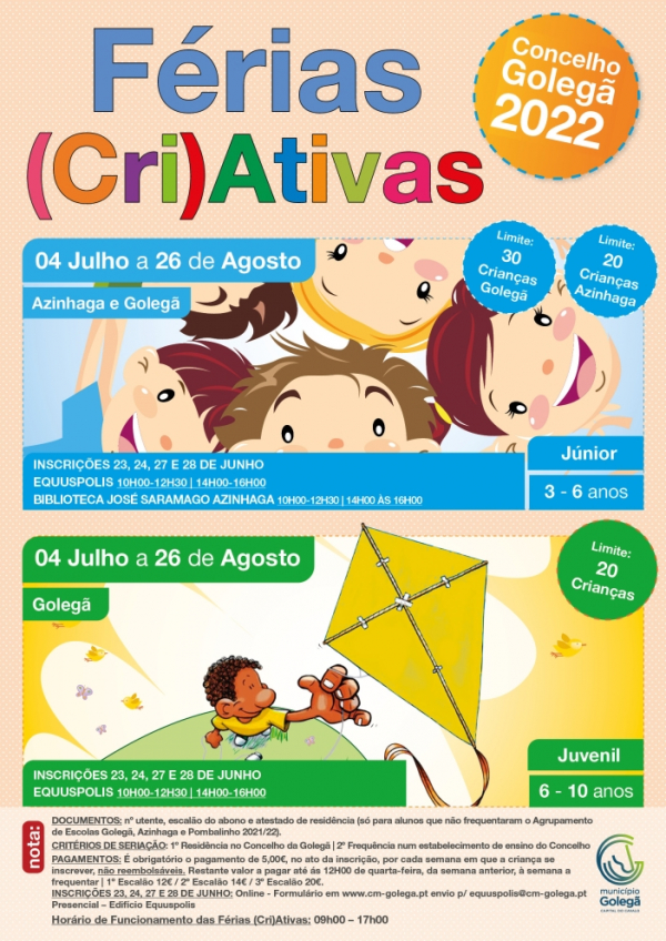 Férias CriAtivas - Verão 2022 (de 04 de julho a 26 de agosto). Inscrições dias 23, 24, 27 e 28 de junho